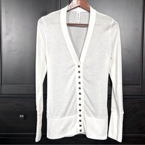 V-Neck Snap Front Light Weight Long Sleeve Cardigan Mid Length, White, Med -NWOT